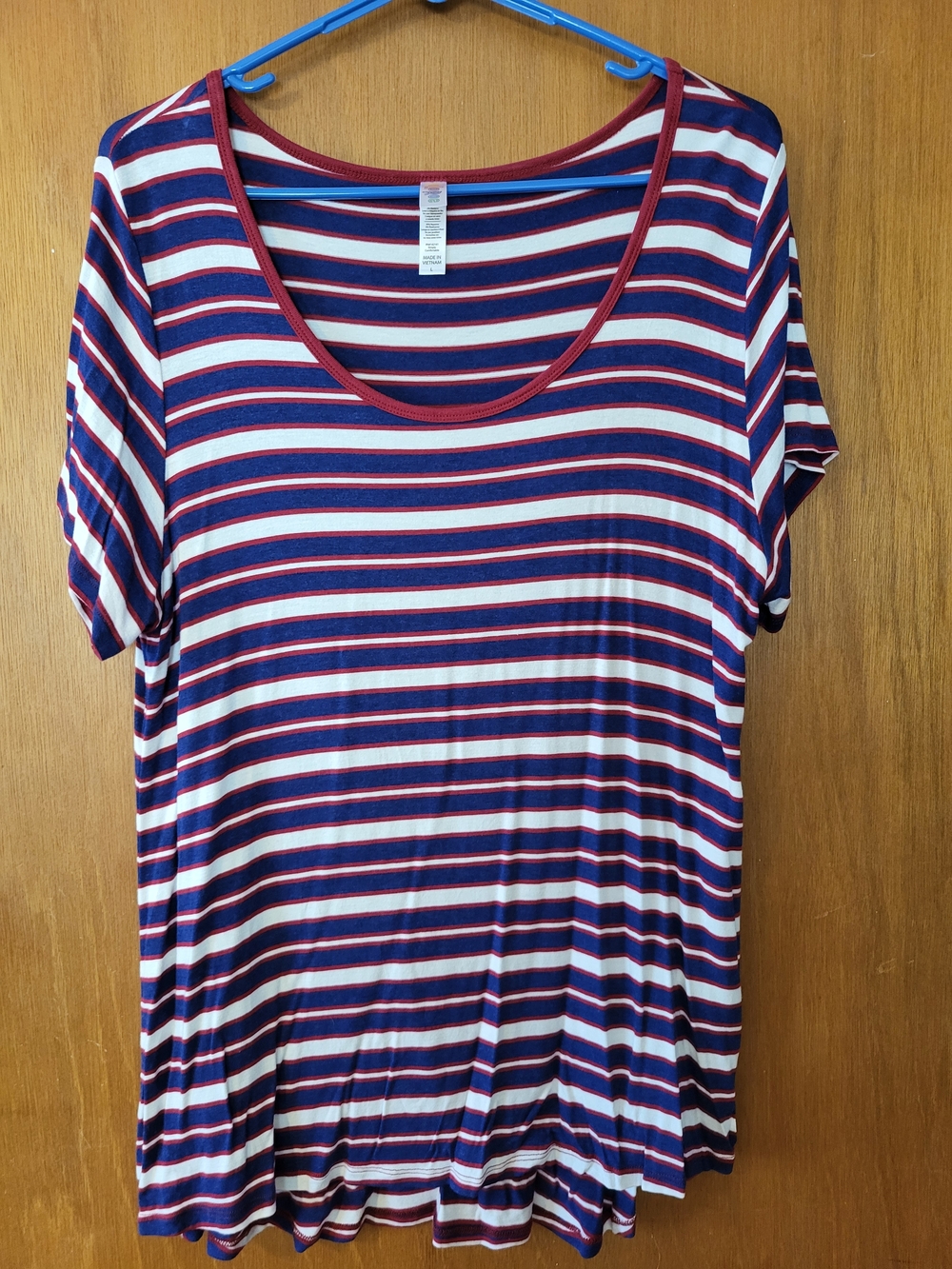 LuLaRoe Classic Striped Scoop Neck Top - Navy, White & Burgundy w Blue Leggings - Picture 3 of 5